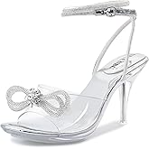 NBUUNBU Clear Heels With Rhinestone Bow Strappy Sandals For Women Ankle Strap Butterfly Transparent Platform High Heel Sexy Slingback Kitten Stiletto Comfortable Wedding Shoes Pump Mules