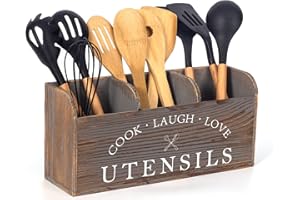 PUGEZ Kitchen Utensil Holder Wooden Farmhouse Utensil Holders for Countertop Rustic Utensil Holder for Kitchen Counter Wood Cooking Utensil Holder Storage Organizer for Home Decor (Wood 01)