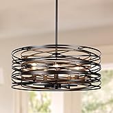 ACNKTZ 19.7'' Farmhouse Dining Room Light Fixture, 5-Light Metal Drum Chandelier, Black with Retro Wood Texture Interior