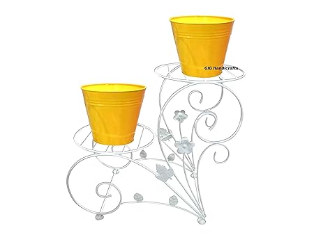 GIG Handicrafts 2-Tier Iron Decorative Potted Plants Shelf Plant Stand with 2 Iron Planter Plant Holders Garden Outdoor Indoor (43 cm x 26 cm x 41 cm, White & Yellow)