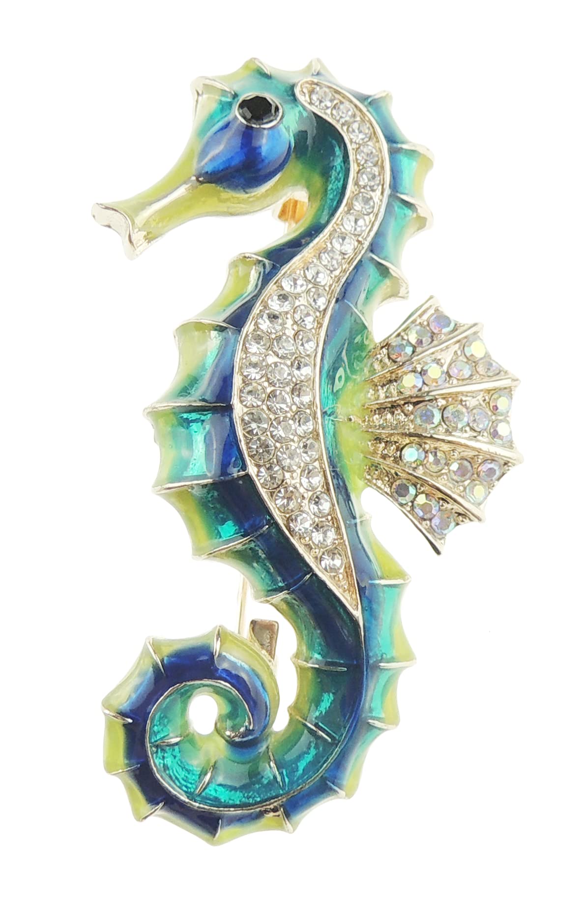 Sparkly Womens Bridal Wedding Christmas Party Birthday Gift Saree Scarf Diamante Crystal Brooch Badge Breastpin Corsage Pin Animal Seahorse Fish Gold Tone Sea Horse Enamel Turquoise Navy