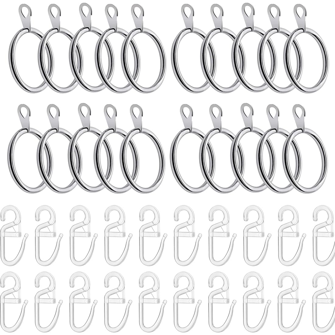 MenYiYDS - 20 PCS METAL CURTAIN RINGS, RINGS FOR HANGING CURTAINS AND 20 PCS PLASTIC CURTAIN HOOKS, 30 MM INNER DIAMETER FOR CURTAINS, BED CURTAINS, SHOWER CURTAINS (SILVER)