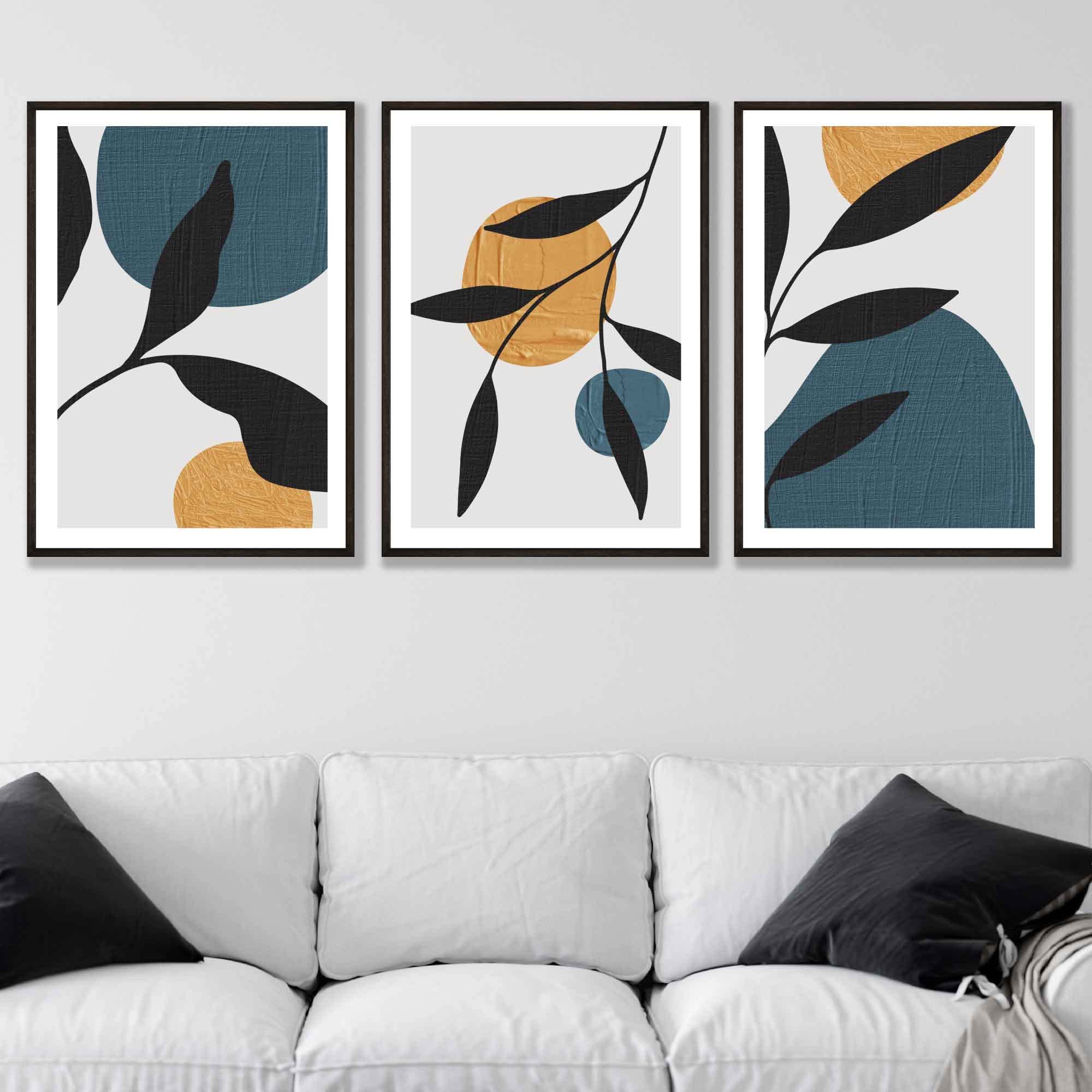 Artze Wall Art Black Leaf with Blue and Yellow Textured Shapes Wall Art Prints 3-Piece Set, 50 cm Width x 70 cm Height