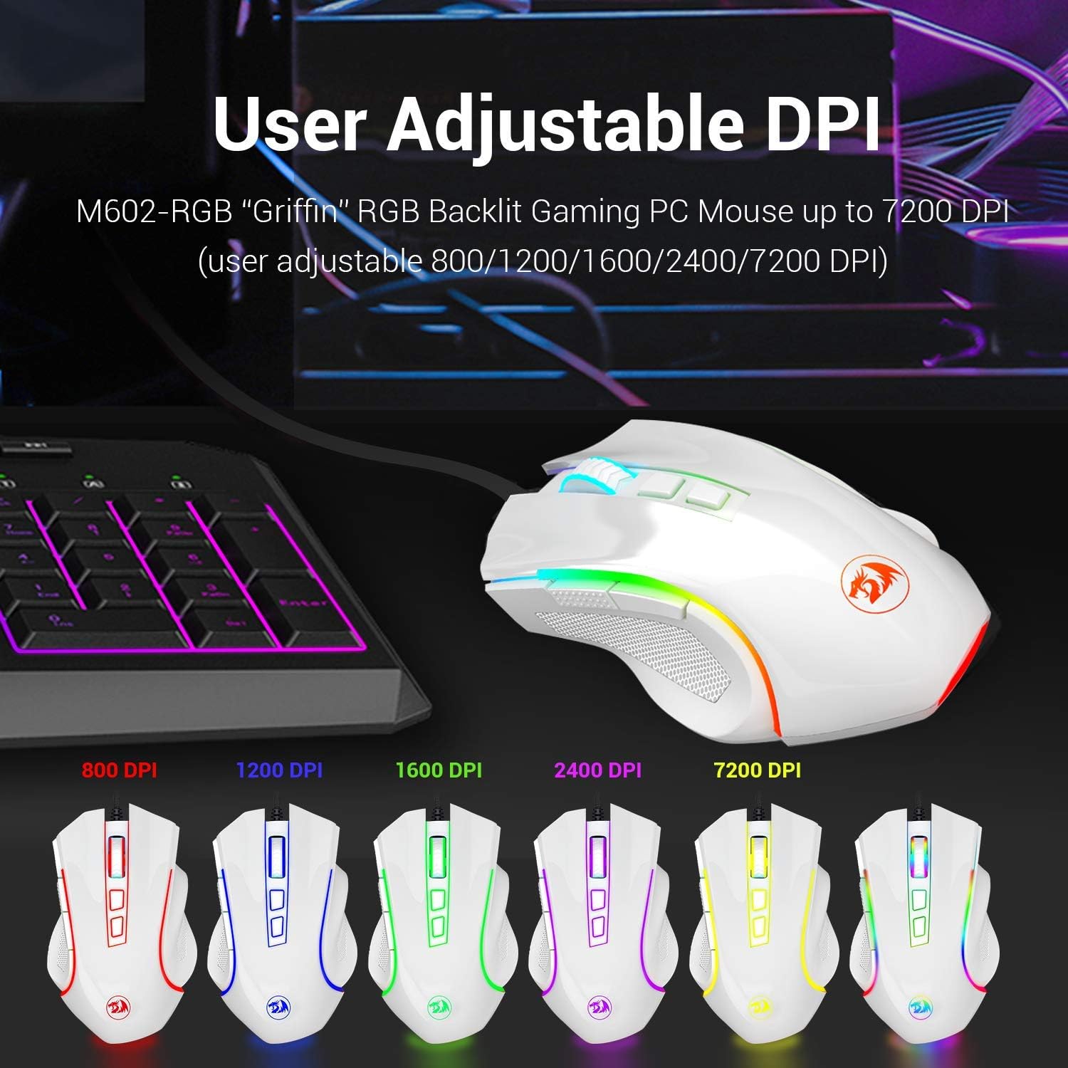 Redragon M602 RGB Wired Gaming Mouse RGB Spectrum Backlit Ergonomic Mouse Griffin Programmable with 7 Backlight Modes up to 7200 DPI for Windows PC Gamers (White): Computers & Accessories