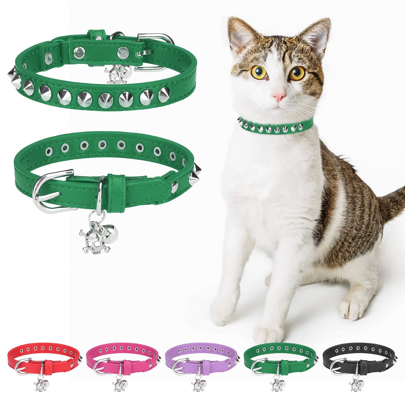 DILLYBUD Leather Cat Collars for Boy Girl Cats with Bell and Safety Elastic Belt, Personalized Rivets Stud Adjustable Safe Buckle Collar with Skull Charm for Kitty Small Pets, Green