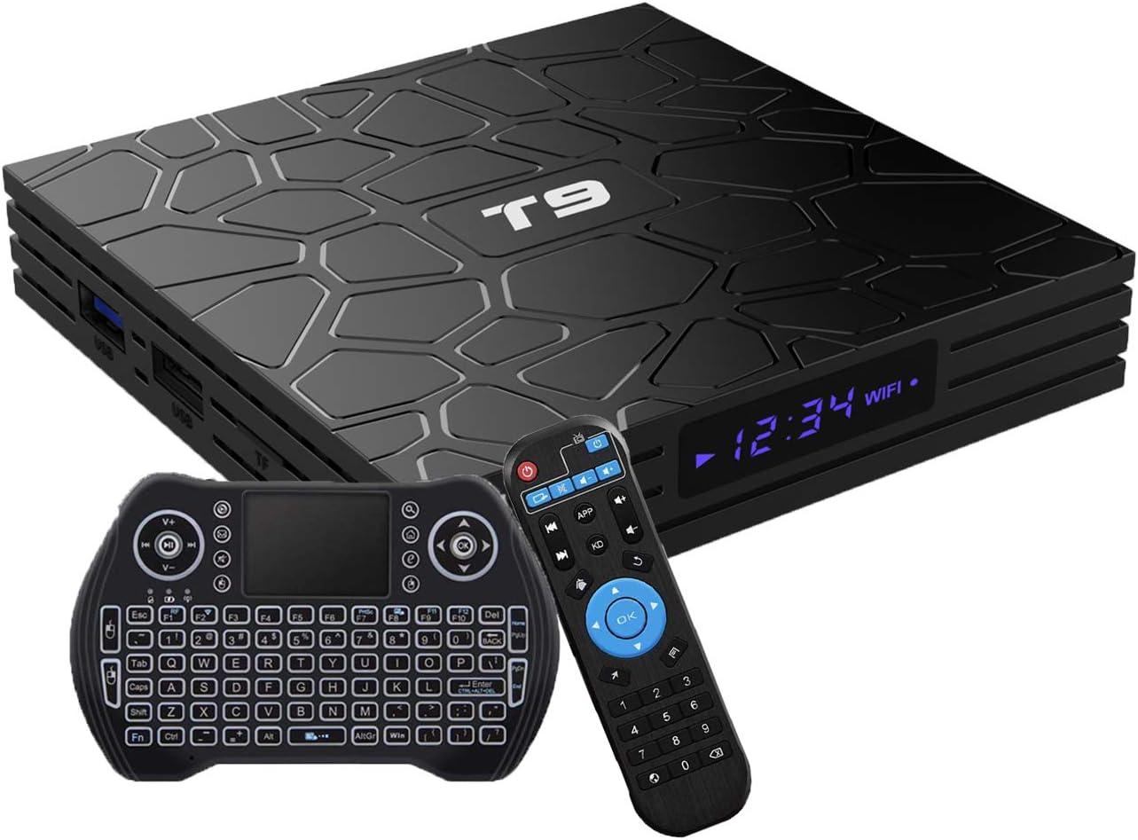 Android TV Box , Android 9.0 Smart TV Box 4GB Ram 32GB Rom Quad-Core 64 Bits Support Bluetooth 4.0/ 2.4G+5G WiFi/ USB 3.0/4K /H.265 /3D T9 Internet Set Top Boxes with Mini Wireless Backlit Keyboard