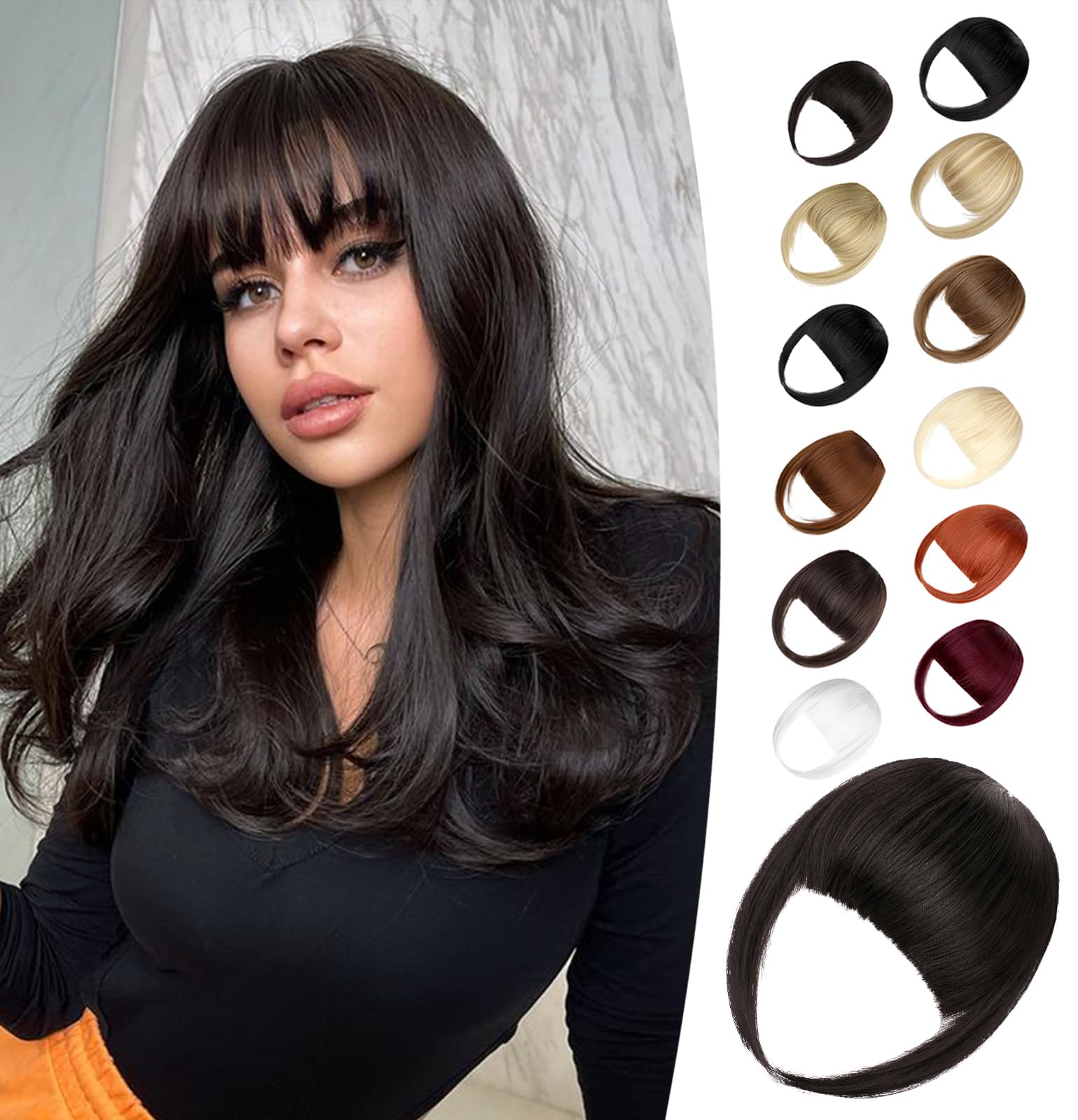 Photo 1 of Wodelanle Clip in Bangs,Natural Fake Bangs Hair Clip,Dark Brown French Bangs Fringe with Temples Hairpieces for Women Clip on Bangs Hair Extenisons Curved Bangs for Daily Wear