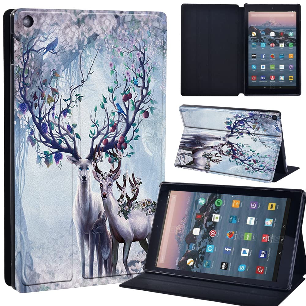 Leather slim lightweight Stand Cover Case Fit A m azon F i r e HD 10 Tablet 5th / 7th / 6th Generation - 2019, 2017, 2015 Release Tablet with Auto Wake/Sleep (painting deer 07)