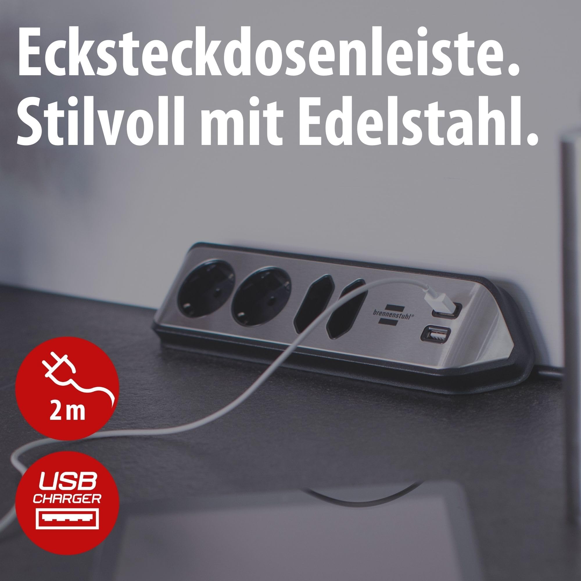 Brennenstuhl Estilo Ecksteckdosenleiste 4-Fach (Tischsteckdose mit Edelstahloberfläche für Küche und Büro, mit 2X Schutzkontakt-Steckdosen, 2X Euro-Steckdosen, inkl. USB-Ladefunktion) Silber/schwarz 2