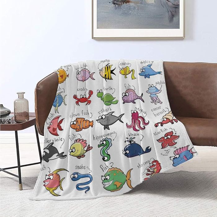 Kids, Warm Microfiber All Season Blanket, Aquarium Cartoon Octopus Dolphin Shark Whale Clown Fish Jellyfish Hermit Crab Marine, Lightweight Blanket Extra Big 60x50 Inch Multicolor