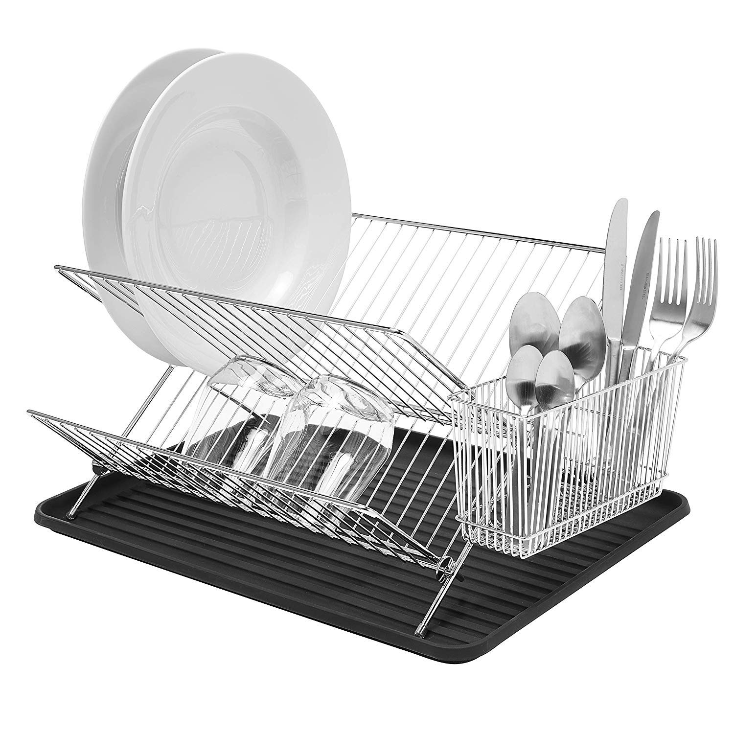 simplywire – Folding Dish Drainer – Plate Drying Rack with Cutlery Holder - Chrome