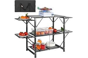 VEVOR Camping Kitchen Table, One-Piece Folding Portable Cook Station with A Carrying Bag, Aluminum Camping Table 4 Iron Side 