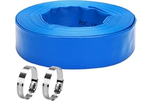 DERPIPE Lay-Flat Pool Backwash Hose - 1.5" x 50Ft Reinforced Heavy Duty PVC Discharge Hose Weather-Proof Vinyl Pool Drain Hose for Water Transfer with 2 clamps