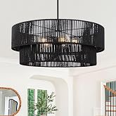 Fenluster Black Boho Rattan Chandelier 23.6'' Hand Woven Chandelier Light Fixture 5-Light Farmhouse Drum Pendant Light for Dining Room Bedroom Kitchen Hallway Foyer