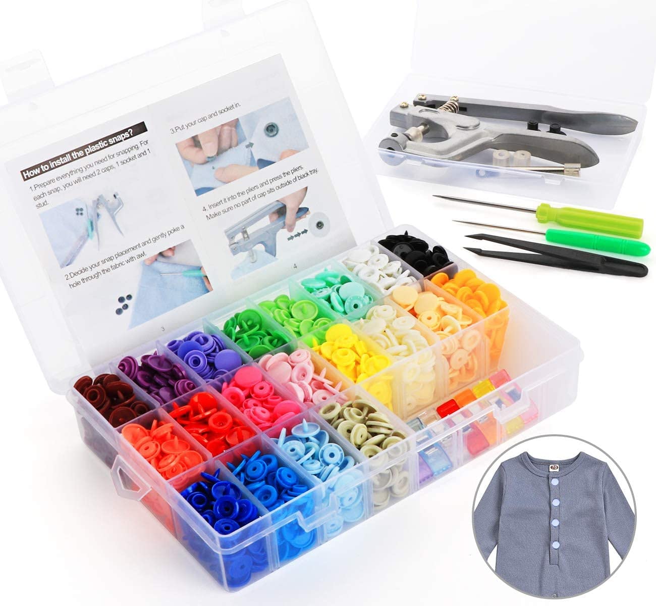 1Plusselect 400 T5 Plastic Snap Fasteners with Snaps Pliers, 20 Colors Snap Buttons Kit for Children's Clothing Sewing, Crafts Handmade DIY Clothing Repairs