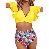 Soucrat Women's Ruffle High Waisted Swimsuit Two Piece Tropical Print Swimsuit Push Up Bathing Suit