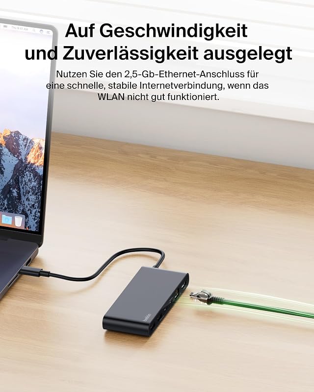 Connect 8-in-1 USB C Hub, Bildschirmauflösungen bis zu 4K bei 60 Hz, für Mac, Windows, Chromebook, 100 W PD, Datentransfer 10 Gbit/s, 2,5 Ethernet – Schwarz