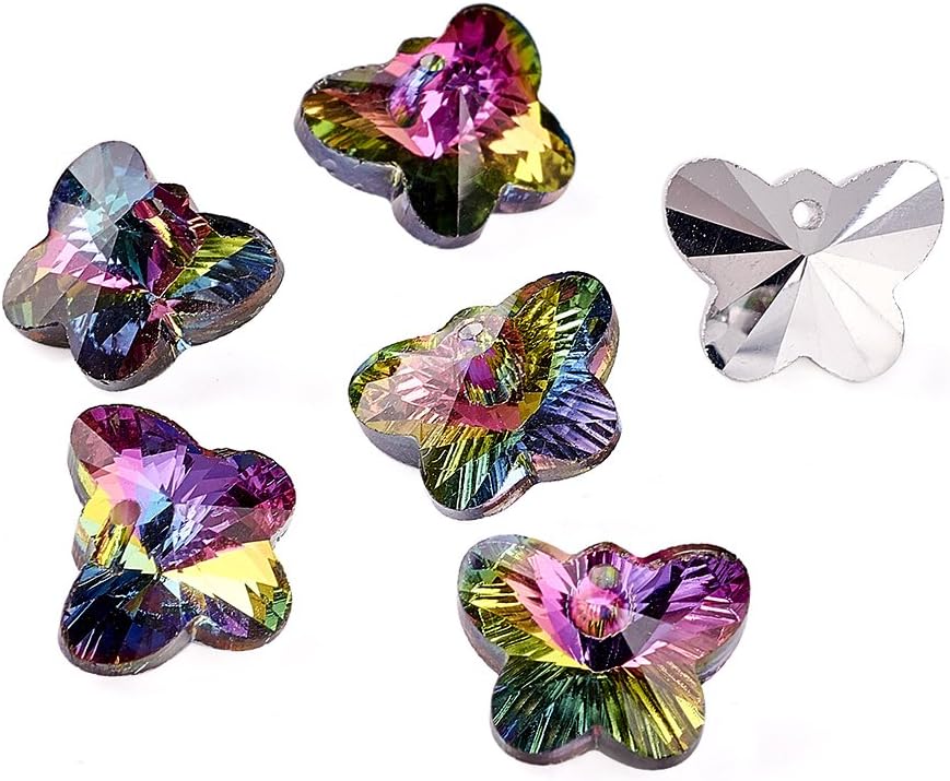 Craftdady20Pcs Rainbow Color Electroplated Faceted Glass Butterfly Charms 12x15mm with Silver Plated Back for DIY Jewelry Craft Making