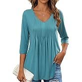 MEROKEETY 3/4 Length Sleeve Womens Tunic Tops Summer Dressy Casual Pleated Loose Fit Shirt Blouses