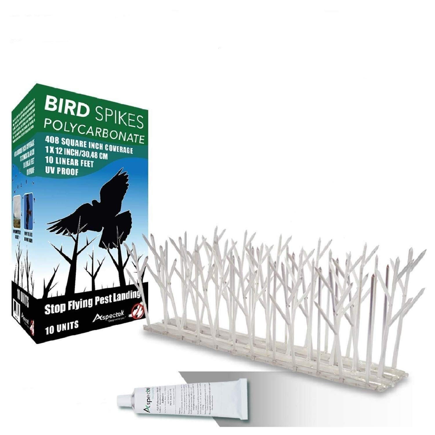 ASPECTEK Polycarbonate Bird Spikes Kit, 10 Feet with Strong Silicone Glue Tube Included