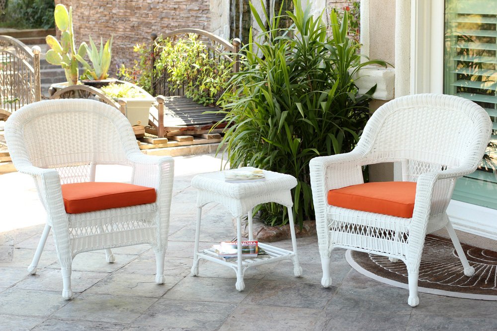 Jeco W00206_2-CES016 3 Piece Wicker End Table Set with with Orange Chair Cushion, White