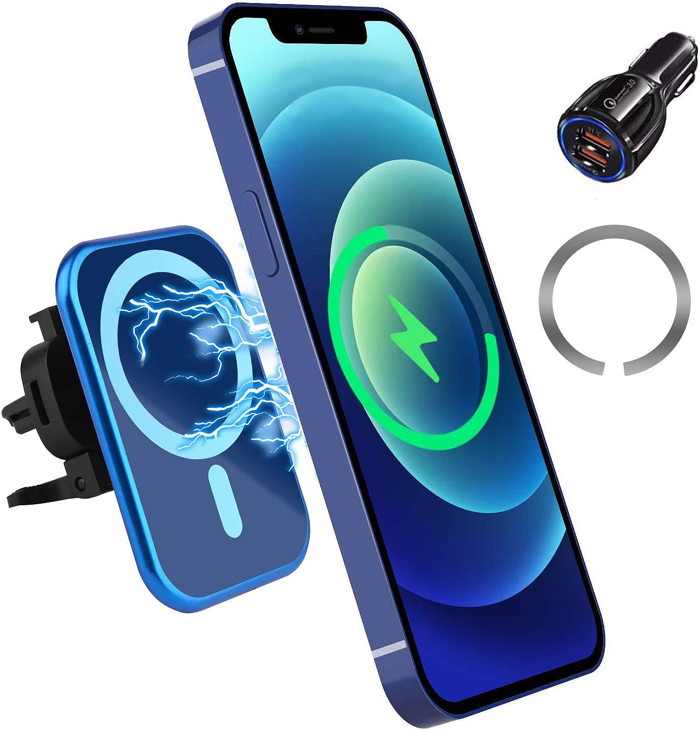 HTMZ Magnetic Wireless Car Charger,15W Qi Fast Charging Air Vent Phone Holder 360° Rotation Blue Mag-Safe Car Mount Compatible with iPhone 12/12 Mini/12 Pro/12 Pro Max /11/Xr/Xs/8(with Magnet Sticker)