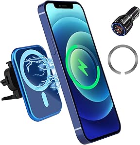 HTMZ Magnetic Wireless Car Charger,15W Qi Fast Charging Air Vent Phone Holder 360° Rotation Blue Mag-Safe Car Mount Compatible with iPhone 12/12 Mini/12 Pro/12 Pro Max /11/Xr/Xs/8(with Magnet Sticker)