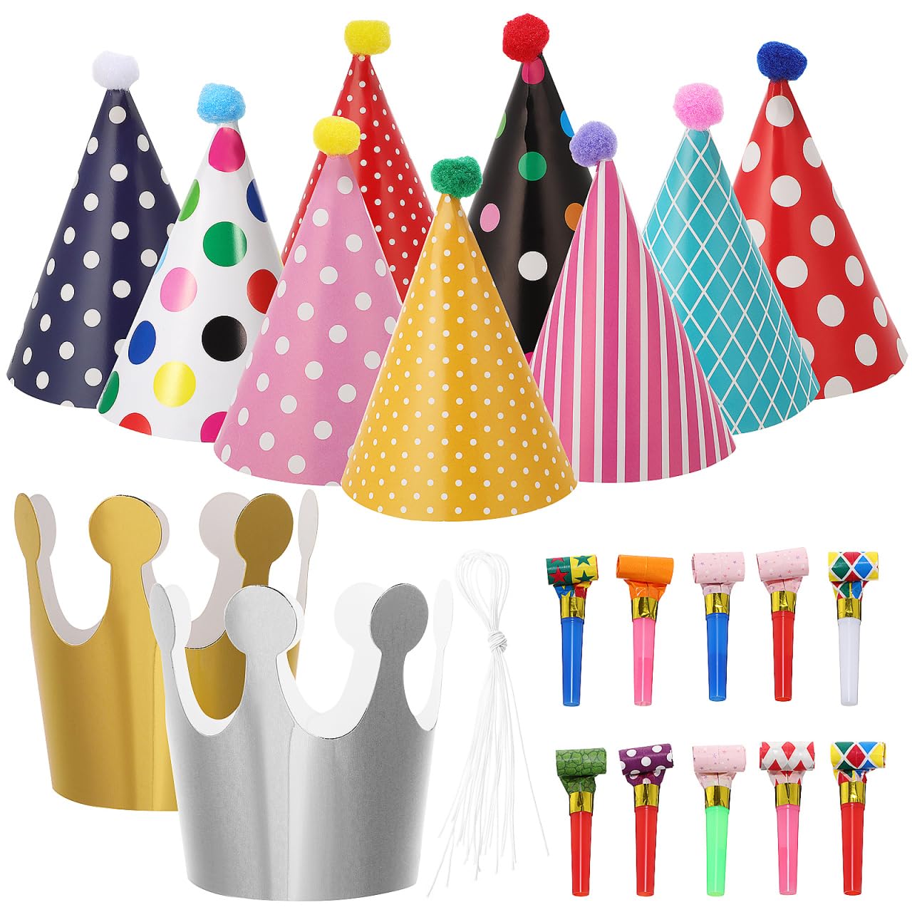 Gadpiparty 1 Set Party Hats, Colorful Birthday Party Hats Paper Cone Crowns Blowouts Decoration Kit