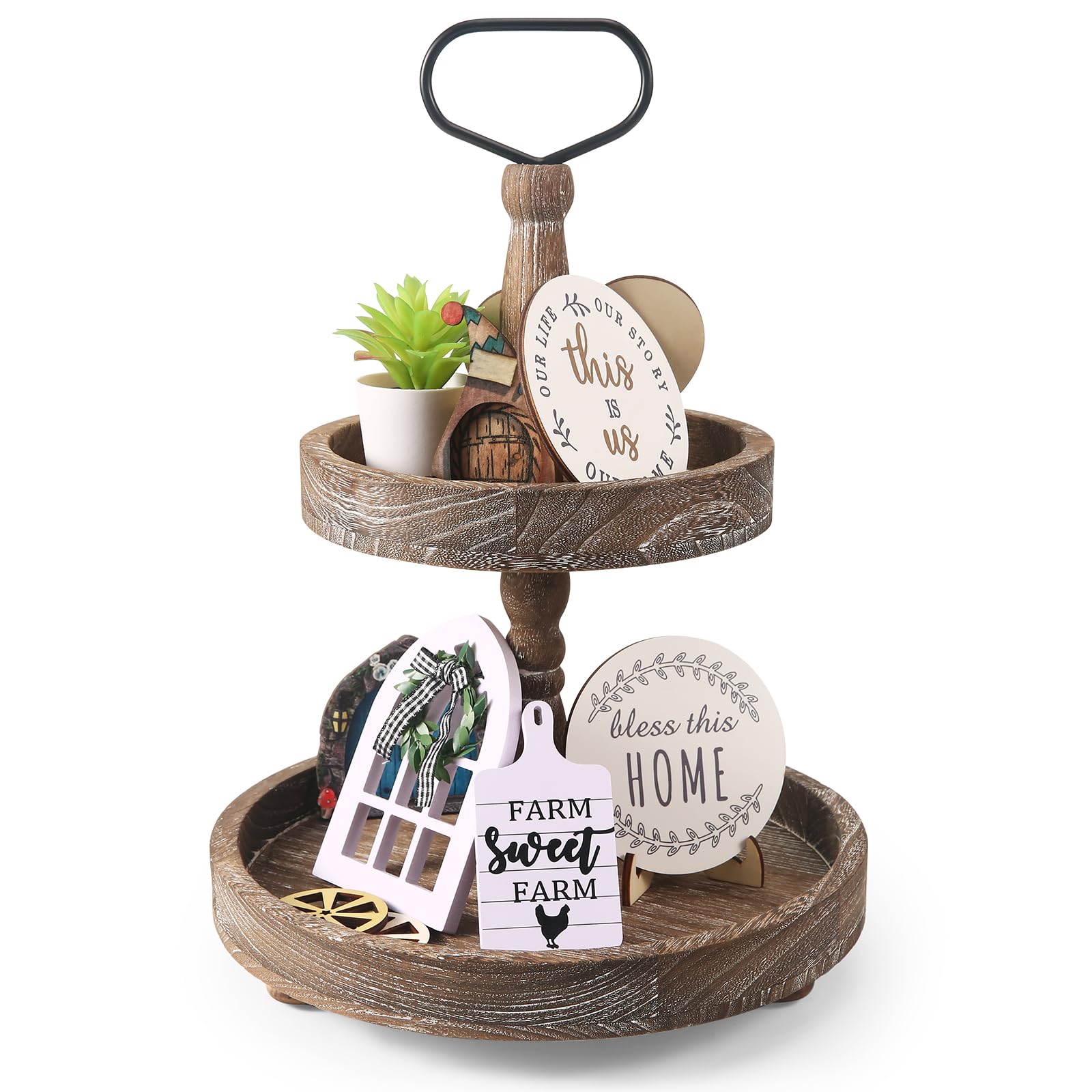 Photo 1 of ASMPCUE 2 Tiered Tray Stand, Farmhouse Tiered Tray Stand with Metal Handle for Home Kitchen Decor, Wooden Rustic Two Tiered Serving Tray Coffee Table Tray for Holiday Decor, Tray ONLY(Rustic Wood)