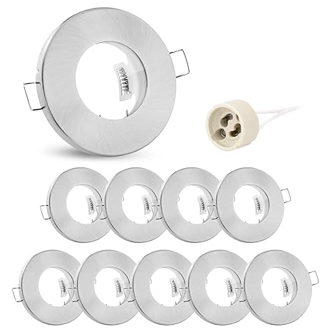 10x linovum® Feuchtraum Einbaustrahler Rahmen flach IP65 - Einbaurahmen für Bad, Dusche in gebürstet rund inkl. GU10 Fassung