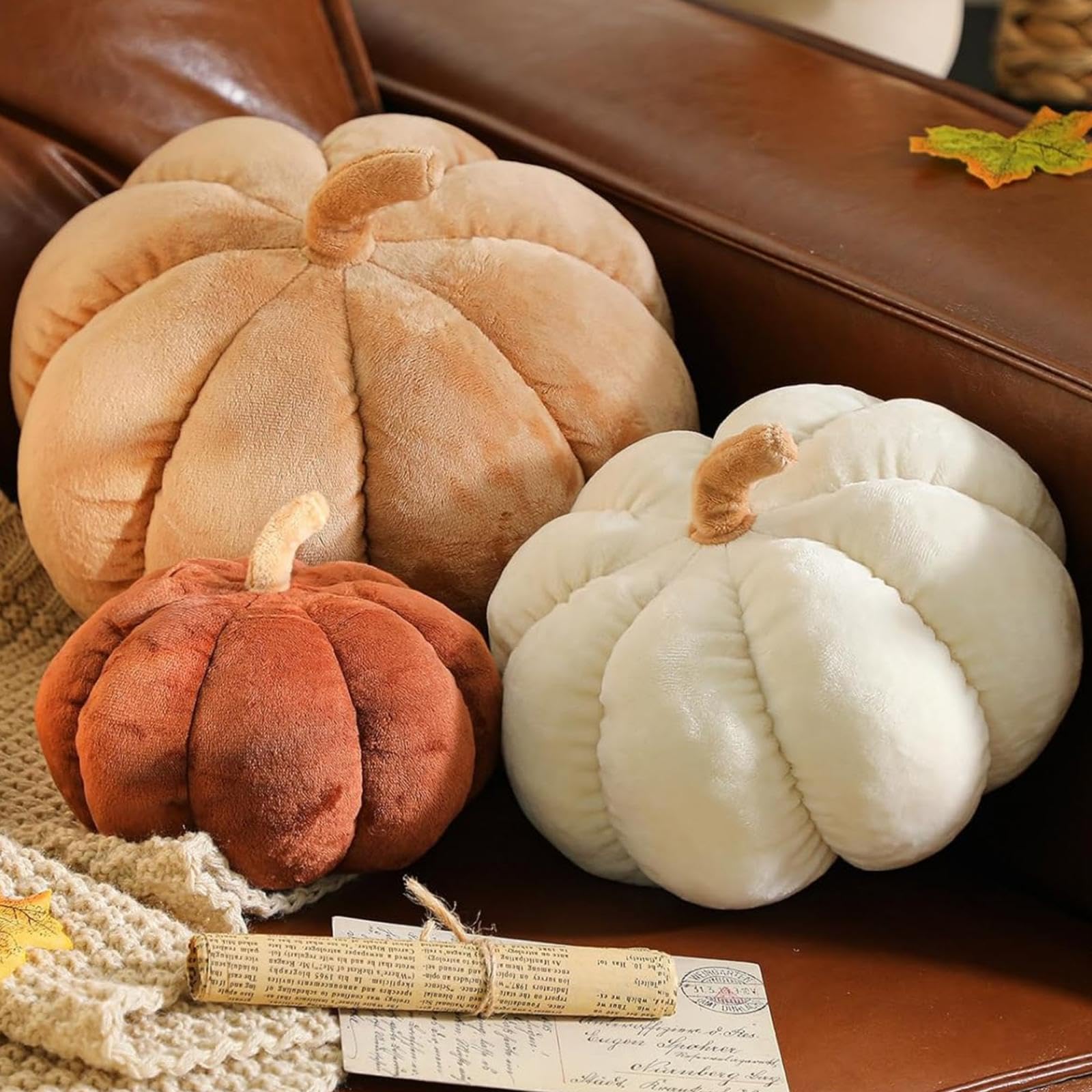 View 1 of Geelin 3 Pcs Fall Pumpkin Throw Pillows Cute 3D Pumpkin Shaped Cozy Fall Decorations Stuffed Throw Pillows for Thanksgiving Christmas Halloween Bedroom Sofa Couch Supplies (Brown,Velvet)