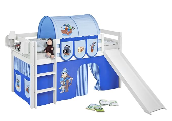 Lilokids Spielbett JELLE mit Rutsche und Vorhang Kinderbett Holz weiß 208 x 98 x 113 cm