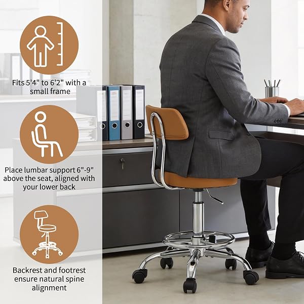 FIRAVOE ERGONOMIC DESK STOOL(STURDY ROLLING STOOL WITH BACK)(SWIVEL ARMLESS OFFICE CHAIR 19.5″-26.6″) ADJUSTABLE FOOTREST SALON CHAIR (CAMEL BROWN)