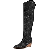 RONILURN Women Rhinestone Over the Knee Cowboy Boots, Sparkly Bling Cowgirl Boots Western Thigh High Boots Pull-On Side Zippers Chunky Heel Pointed Toe Size5-12 For Fashion&Daily