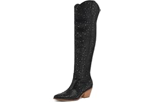 RONILURN Women Rhinestone Over the Knee Cowboy Boots, Sparkly Bling Cowgirl Boots Western Thigh High Boots Pull-On Side Zippers Chunky Heel Pointed Toe Size5-12 For Fashion&Daily