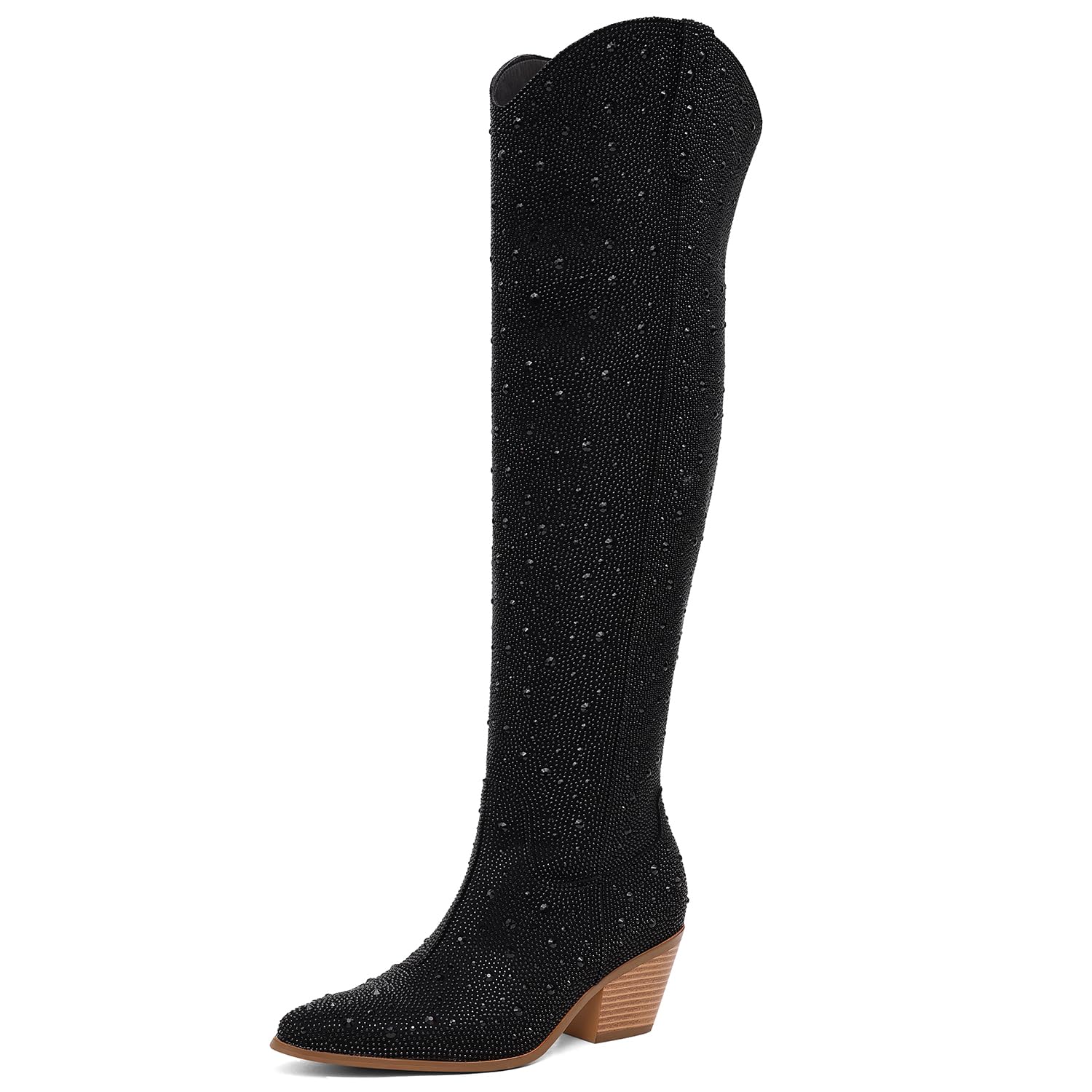 Women's Rhinestone Cowboy Ankle Boots - Pointed Toe Sparkly Boots With Chunky Heel & Side Zipper