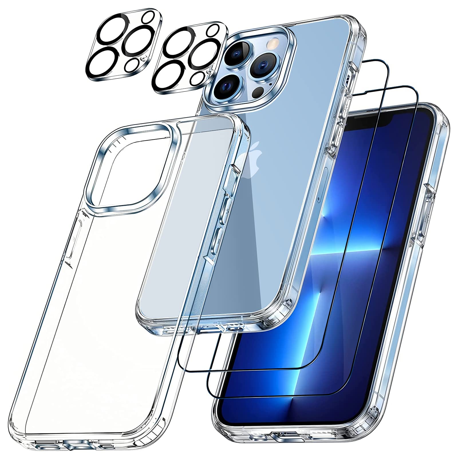 zonyee 5 in 1 Case for iPhone 13 6.1 Inch, with 2-Pack Tempered Glass Screen Protector and 2-Pack Camera Lens Protector, Shockproof Case Cover, 9H Hardness HD Protective Film