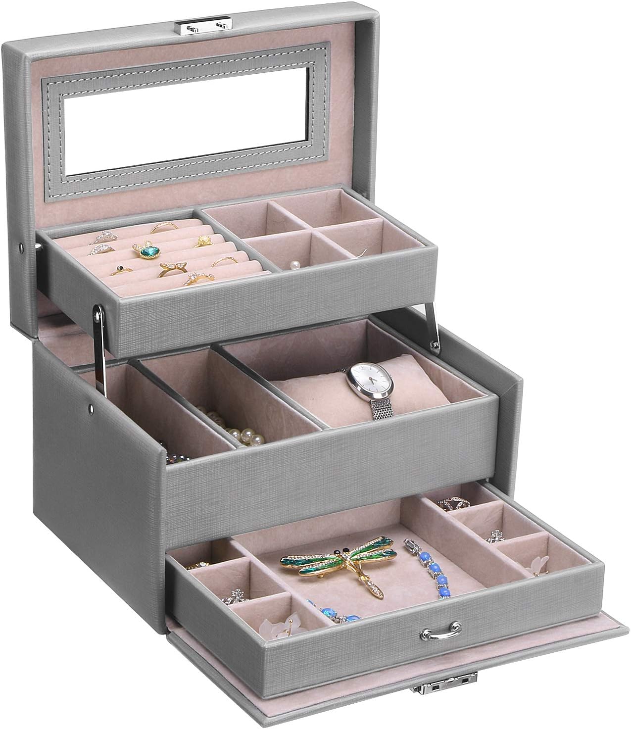 BEWISHOME Jewelry Box for Women Girls Jewelry Organizer with Lock Mirror Jewelry Boxes Display Storage Case Holder Portable Travel Case Grey SSH77H: Home Improvement