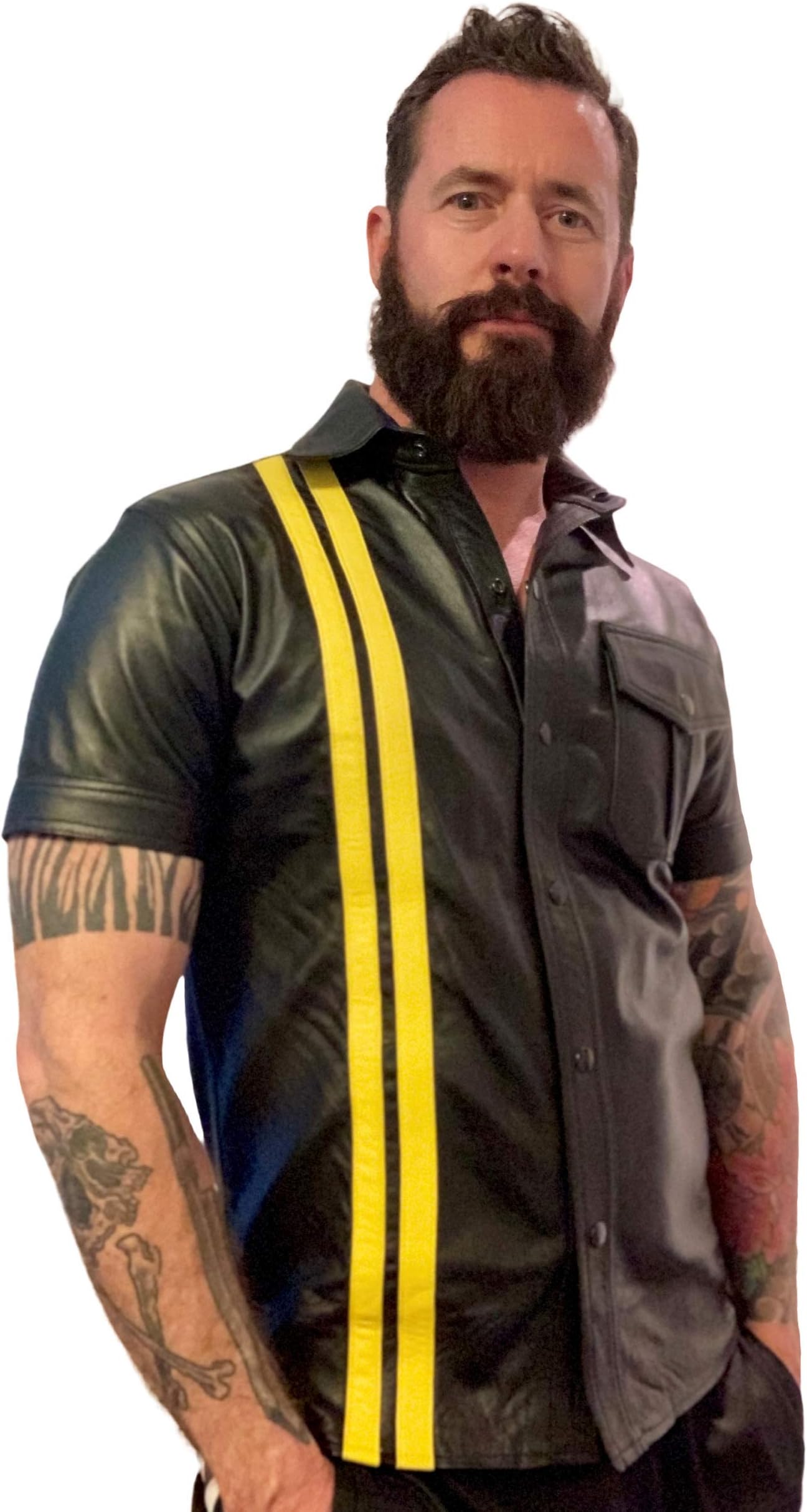 Mr Riegillio Black Leather Shirt Yellow Stripes – Shirt Made from Black Leather with Yellow Stripes – Genuine Leather T-Shirt – LGBT Fashion – Fetish Fashion for Men