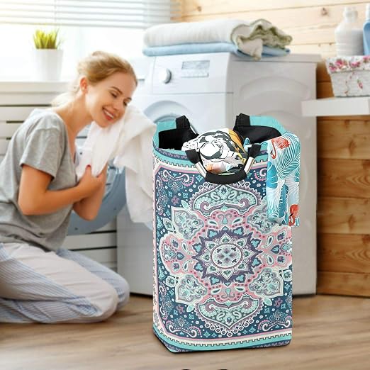 Amazon Com Flowers Laundry Baskets Hamper Vintage Ethnic Pattern Large Dirty Clothes Bag Boho Teal Washing Bin Indian Ethnic Clothing Holder Floral Kids Toys Books Storage Organizer Bathroom Bedroom Home Kitchen