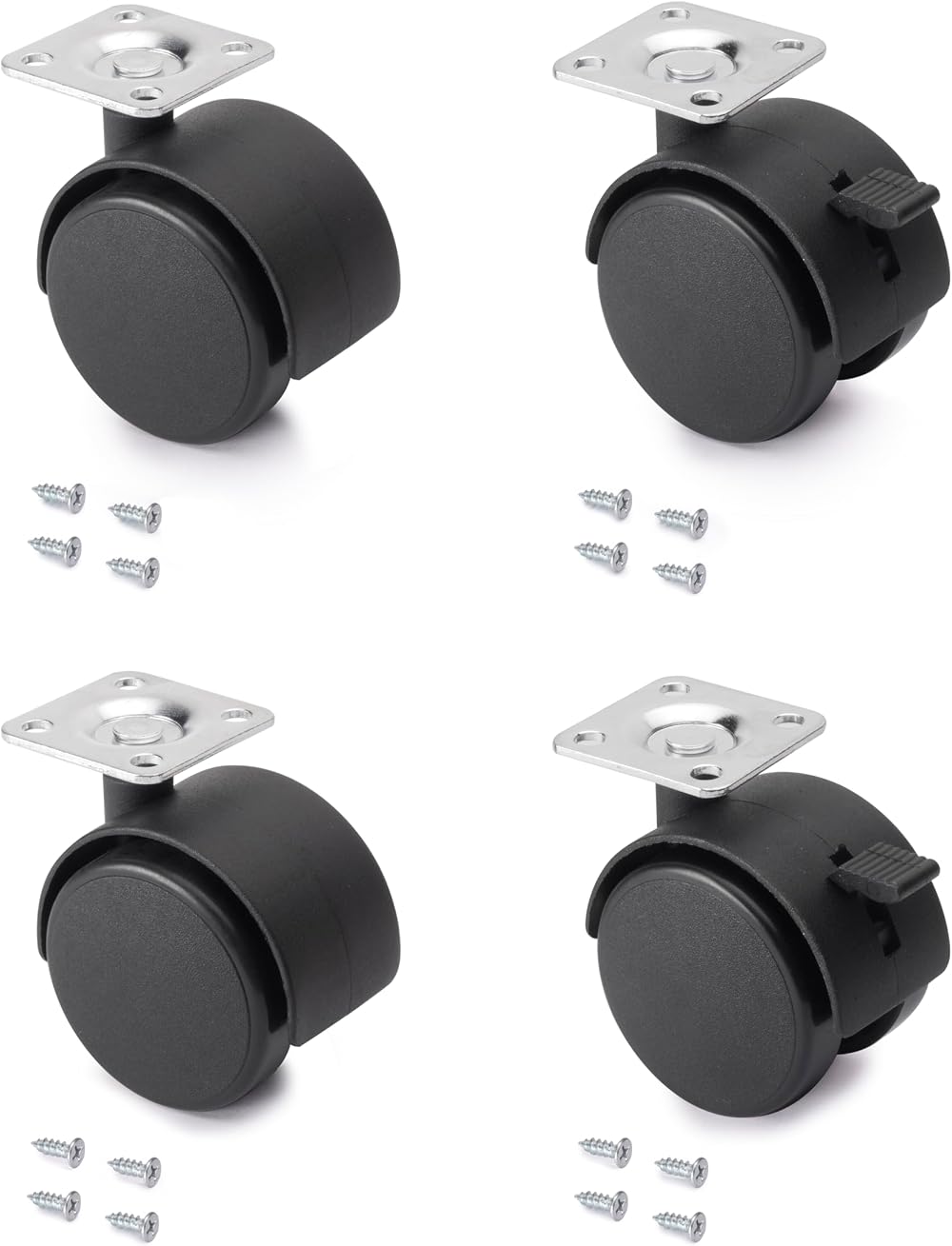 Emuca Pack of 4 Black Swivel Castors 50mm with Brakes and Plate