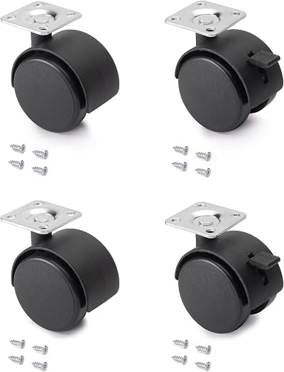 Emuca Pack of 4 Black Swivel Castors 50mm with Brakes and Plate