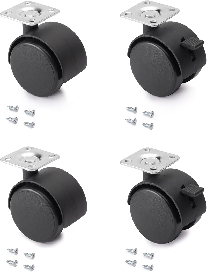 Emuca Pack of 4 Black Swivel Castors 50mm with Brakes and Plate