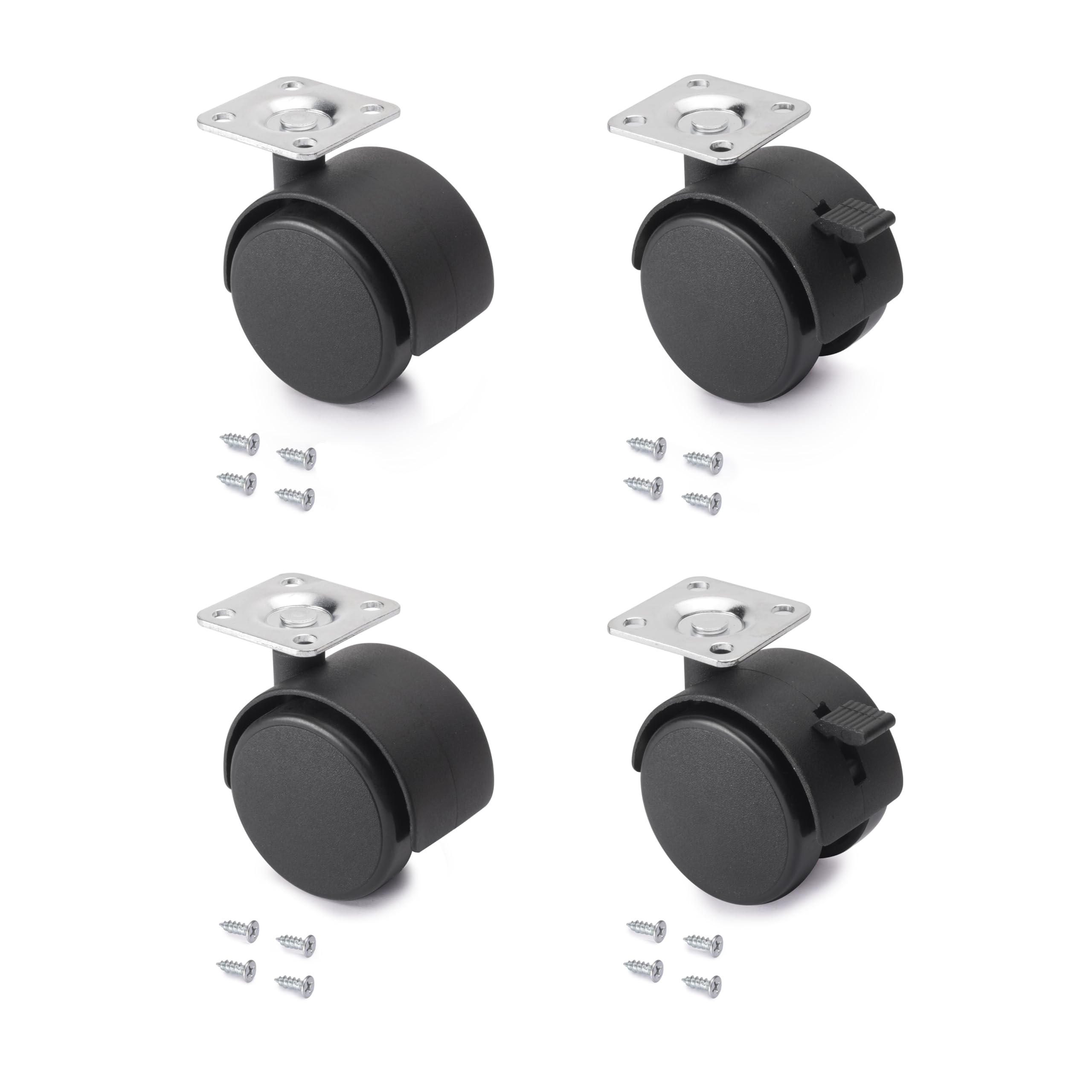 Emuca - Pack of 4 black swivel castors for furniture (2 with brake and 2 without brake) 50mm diameter with fixing plate and ball bearings