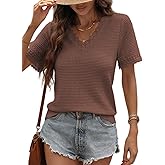 Dokotoo Women's Casual V Neck Short Sleeve Waffle Knit Lace Patchwork Shirts Summer Loose Basic Tunic Tops Tee Blouses