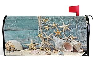 Wamika Welcome Summer Sea Shells Starfish on Blue Wooden Mailbox Covers Standard Size Beach Nautical Theme Tropical Style Magnetic Mail Cover Letter Post Box Decorations 21" x 18"