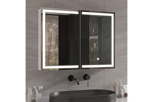 DICTAC Lighted Medicine Cabinet with Mirror and Storage Bathroom Wall Cabinet with Mirror and Outlets 31.5''x23.6'' Wall Mounted Mirror Medicine Cabinets with Led Lights and Adjustable Shelves,White