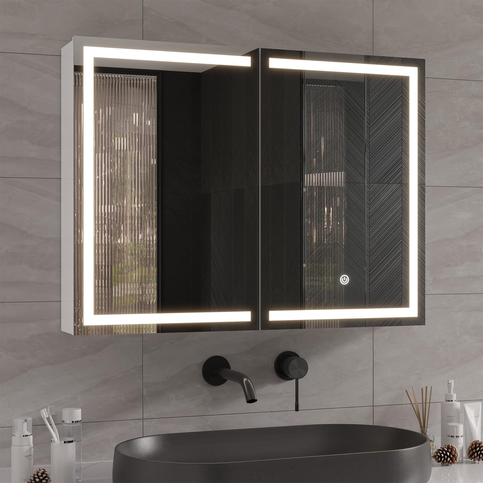 Photo 1 of DICTAC Bathroom Medicine Cabinet with Mirror and LED Light, Wall Mounted Bathroom Mirror with Storage, 2 Doors Bathroom Wall Cabinet, Memory Dimmable 3 Color Temp, Adjustable Shelves, 31.5''x23.6''