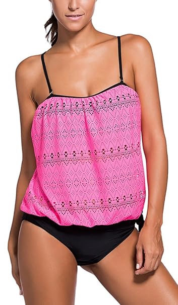 OLIPHEE Damen Zweiteilig Bandeau Tankini Bandeanzüge Trägerloses Verband Bodysuit Bademode mit Slips