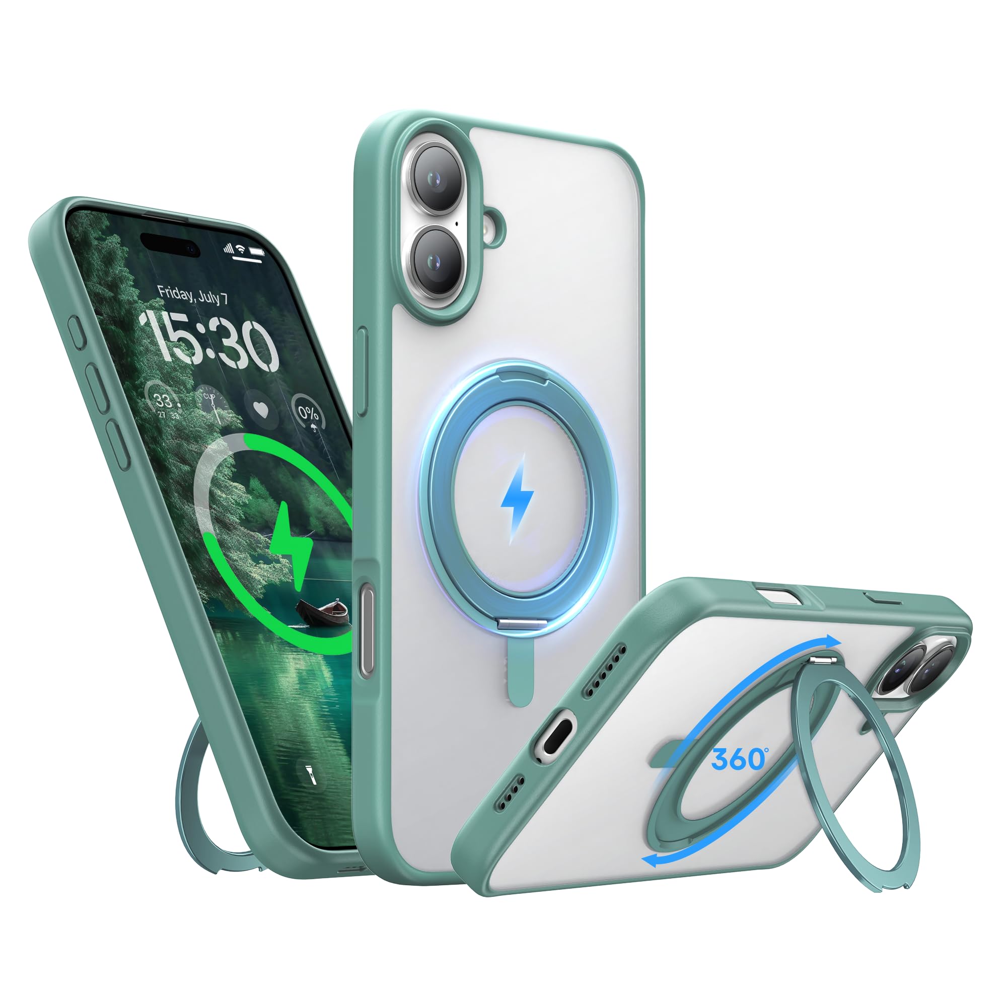 Niunisi Stand for iPhone 16 Plus Case, [Compatible with Mag Safe] 360° Rotatable Ring Holder Kickstand Military Shockproof Protective Case for iPhone 16 Plus 6.7 Inch, Green